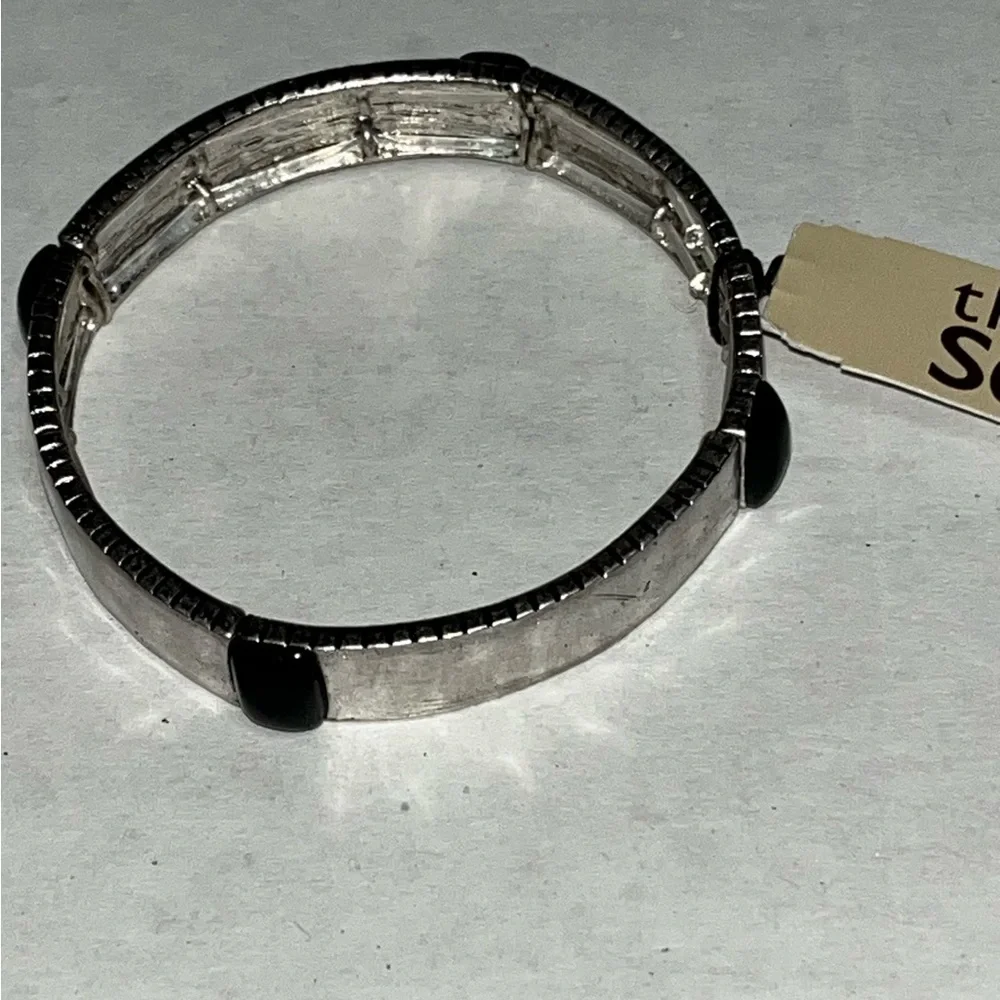 The Sak Black Enamel Stone Stretch Silver‎ Fashion Bracelet New with Tag